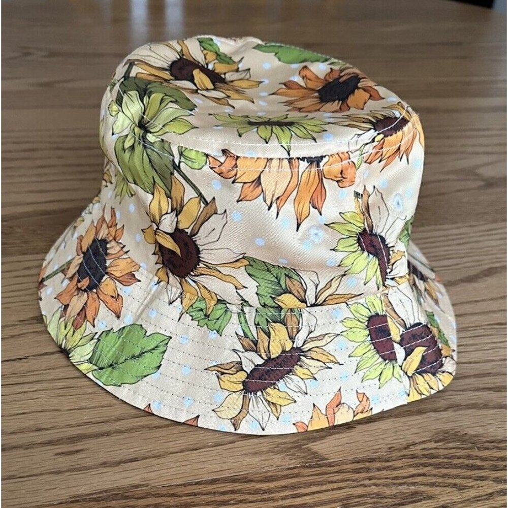 Vintage 90’s Floral Print Sunflower Bucket  Safari Summer Hat Yellow Spring